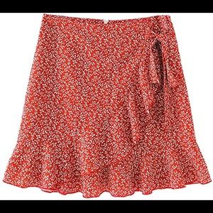 Amazon Red floral ruffle faux wrap skirt size XL